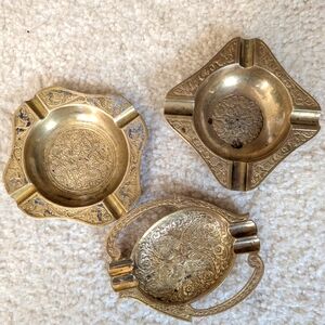 Vintage Solid Brass Ashtray Set of 3 Etched Floral Design